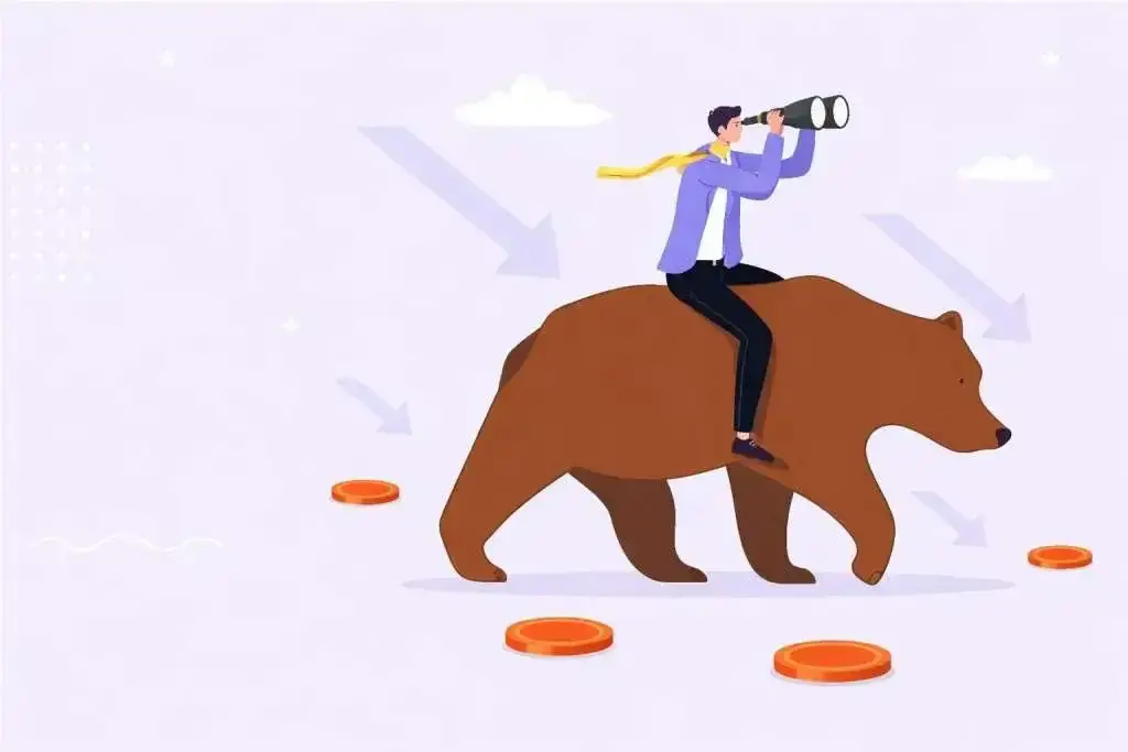 Man on bear looking for opportunities through bottom up Man on bear looking for opportunities through bottom up