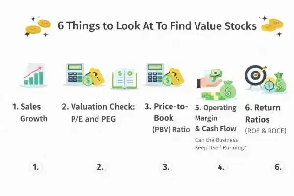 Points to look at to find value stocks Points to look at to find value stocks